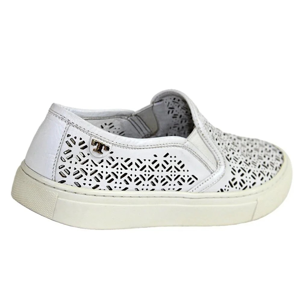 Tory Burch Lennon White Leather Laser Perforated Slip-On, Size 6.5